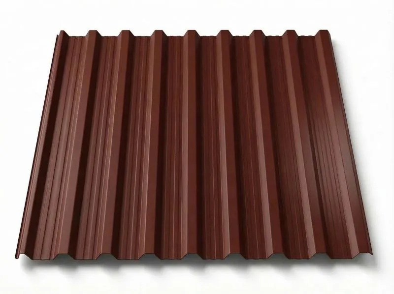 Freigestelltes Trapezblech T18DR in warmem Rotbraun, matt beschichtete Oberfläche mit ausgeprägten Trapezprofilen und feinen Längsrippen, perspektivische Produktansicht auf weißem Hintergrund