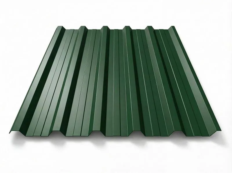 Freigestelltes Trapezblech T-35DR in RAL 6005 Moosgrün, satte dunkelgrüne Beschichtung, perspektivische Draufsicht auf weißem Hintergrund