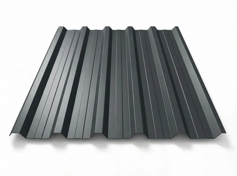 Freigestelltes Trapezblech T-35DR in RAL 7016 Anthrazitgrau, dunkle anthrazitfarbene Beschichtung, perspektivische Draufsicht auf weißem Hintergrund