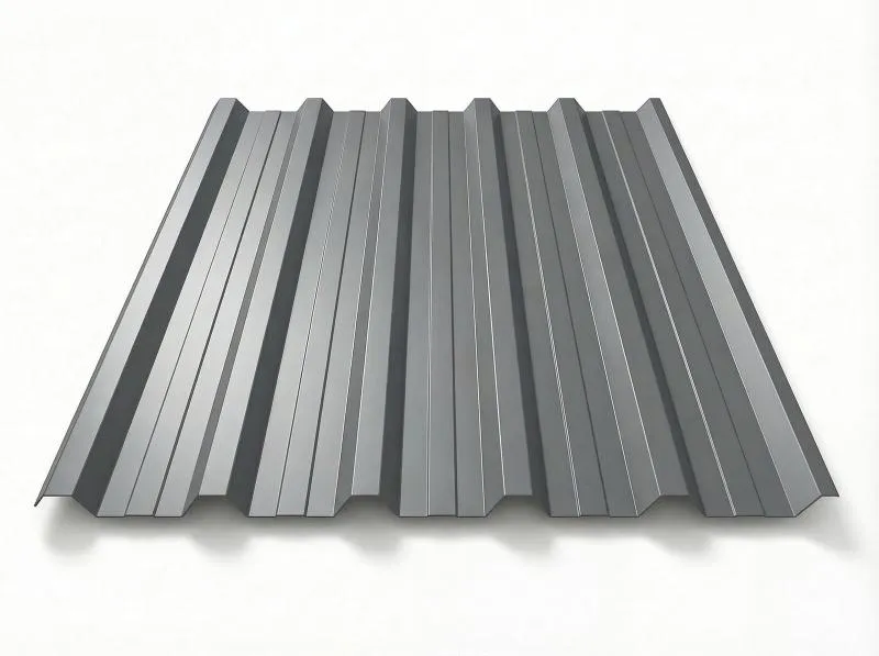 Freigestelltes Trapezblech T-35DR in RAL 7024 Graphitgrau, mitteldunkle silbergraue Beschichtung mit metallischem Glanz, perspektivische Draufsicht auf weißem Hintergrund