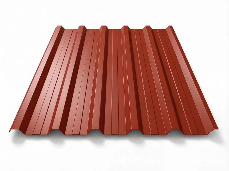  Freigestelltes Trapezblech T-35DR in RAL 8004 Ziegelrot, warme rotbraune Beschichtung, perspektivische Draufsicht auf weißem Hintergrund