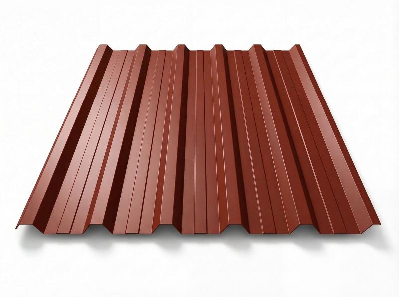  Freigestelltes Trapezblech T-35DR in RAL 8012 Rotbraun, tiefes rotbraunes Finish, perspektivische Draufsicht auf weißem Hintergrund