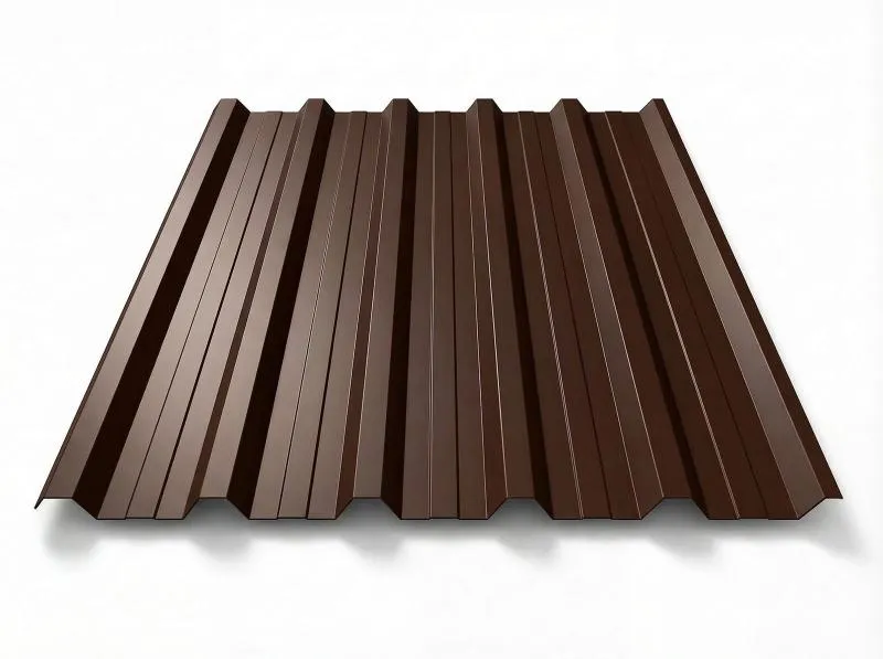 Freigestelltes Trapezblech T-35DR in RAL 8017 Schokoladenbraun, sattes dunkles Braun, perspektivische Draufsicht auf weißem Hintergrund