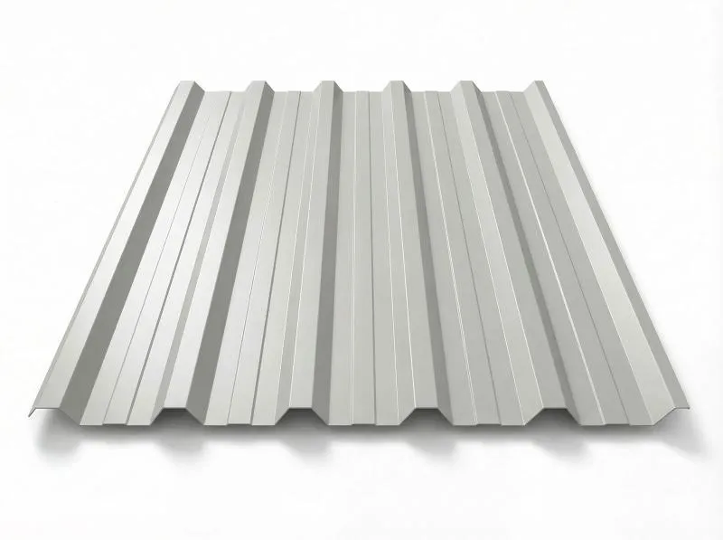  Freigestelltes Trapezblech T-35DR in RAL 9002 Grauweiß, helle cremeweiße Beschichtung, perspektivische Draufsicht auf weißem Hintergrund