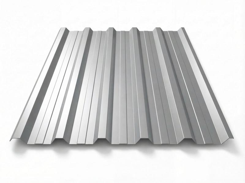 Freigestelltes Trapezblech T-35DR in RAL 9006 Weißaluminium, helles silbergraues Finish mit metallischem Glanz, perspektivische Draufsicht auf weißem Hintergrund