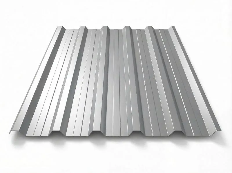 Freigestelltes Trapezblech T-35DR in RAL 9006 Weißaluminium, helles silbergraues Finish mit metallischem Glanz, perspektivische Draufsicht auf weißem Hintergrund