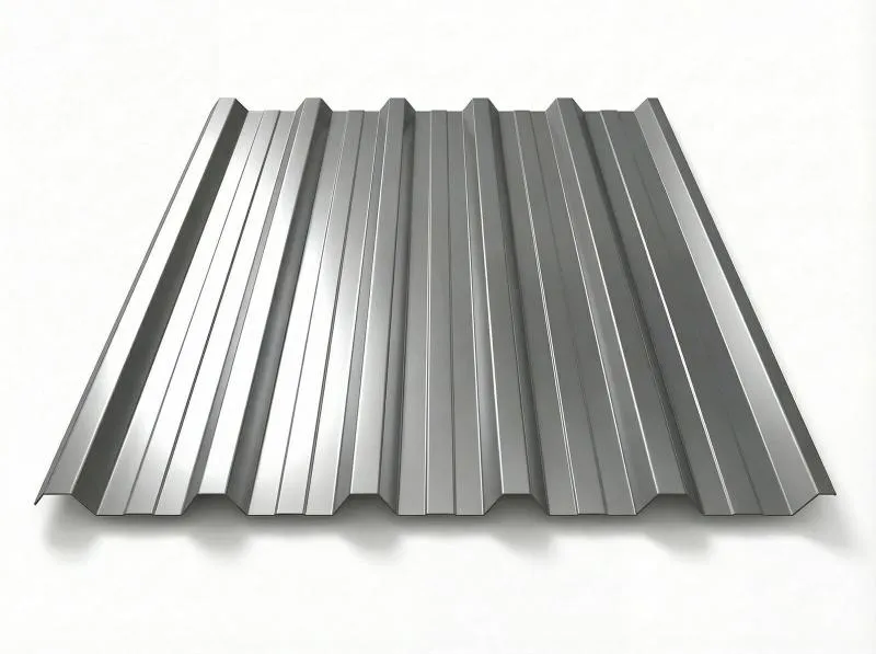 Freigestelltes Trapezblech T-35DR in RAL 9007 Graualuminium, mittelhelles Aluminiumgrau mit glänzender Oberfläche, perspektivische Draufsicht auf weißem Hintergrund