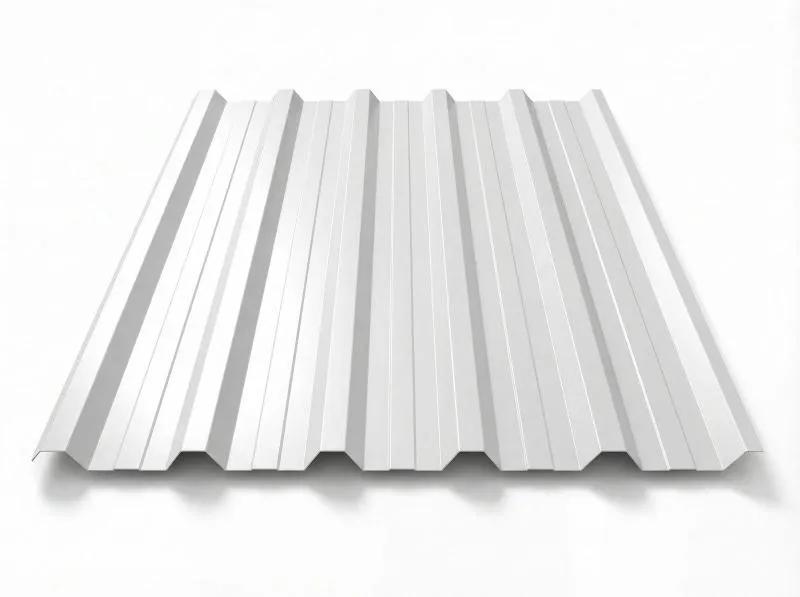 Freigestelltes Trapezblech T-35DR in RAL 9010 Reinweiß, klares Weiß mit leicht glänzender Oberfläche, perspektivische Draufsicht auf weißem Hintergrund