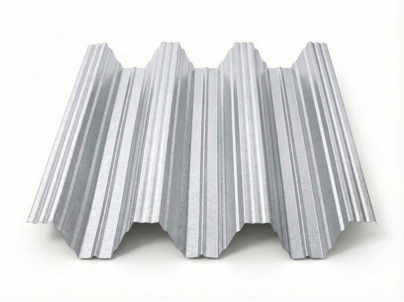 Freigestelltes Produktfoto eines Trapezbleches TP104 in Aluzink mit vier Hochsicken, charakteristischer silbrig-metallischer Oberfläche mit feiner Struktur und natürlichem Zinkglanz auf weißem Hintergrund.