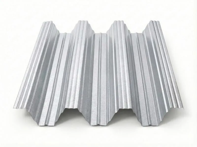 Freigestelltes Produktfoto eines Trapezbleches TP104 in Aluzink mit vier Hochsicken, charakteristischer silbrig-metallischer Oberfläche mit feiner Struktur und natürlichem Zinkglanz auf weißem Hintergrund.