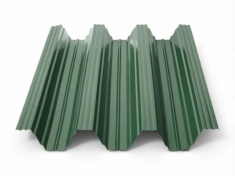 Freigestelltes Produktfoto eines Trapezbleches TP104 in Moosgrün (RAL 6005) mit vier ausgeprägten Hochsicken und sattem, natürlichem Grünton auf weißem Hintergrund.