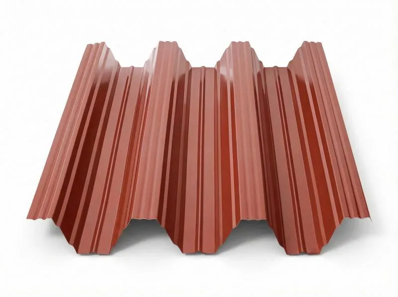 Freigestelltes Produktfoto eines Trapezbleches TP104 in Ziegelrot (RAL 8004) mit vier Hochsicken und warmer, erdiger Rotfärbung in klassischer Dachziegeloptik auf weißem Hintergrund.