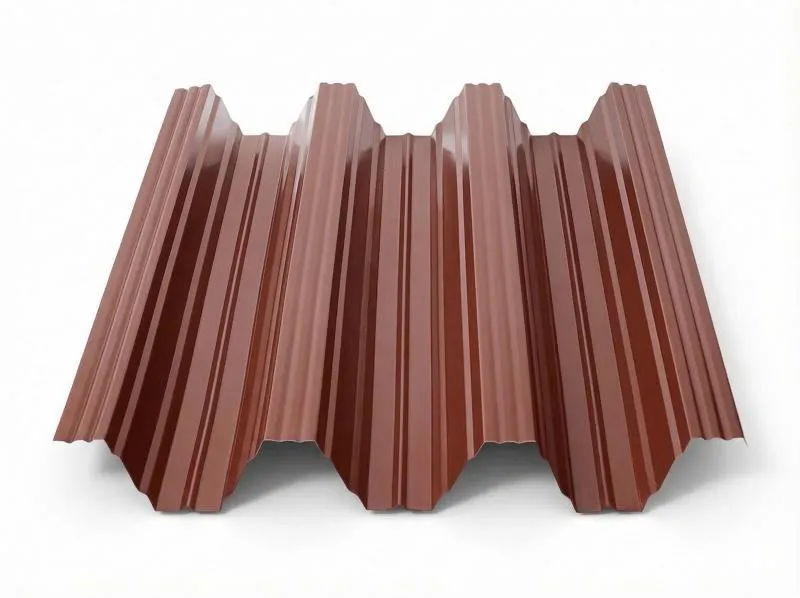 Freigestelltes Produktfoto eines Trapezbleches TP104 in Rotbraun (RAL 8012) mit vier Hochsicken, sattbrauner Oberfläche mit leicht rötlichem Unterton auf weißem Hintergrund.