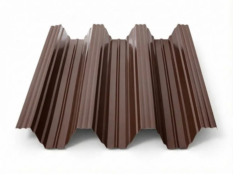 Freigestelltes Produktfoto eines Trapezbleches TP104 in Schokobraun (RAL 8017) mit vier Hochsicken und tief-dunkler, gleichmäßig glänzender Braunoberfläche auf weißem Hintergrund.