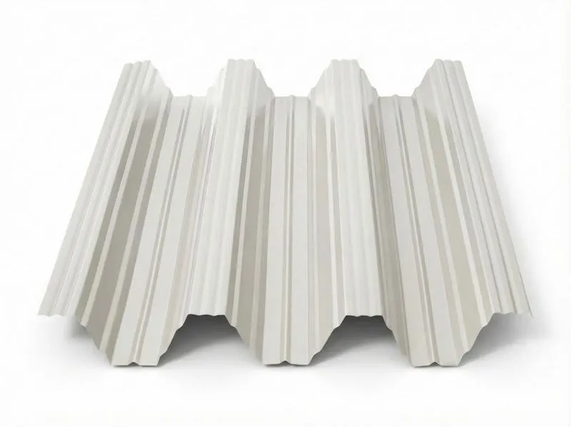 Freigestelltes Produktfoto eines Trapezbleches TP104 in Grauweiß (RAL 9002) mit vier Hochsicken und heller, cremig-weißer Oberfläche auf weißem Hintergrund.