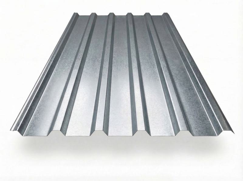 Trapezblech TP35 in Aluzink, freigestelltes Produktfoto mit gleichmäßig profilierten Trapezwellen und typisch metallisch-silberner Oberfläche mit leichter Spiegelungsstruktur, perspektivische Draufsicht auf weißem Hintergrund