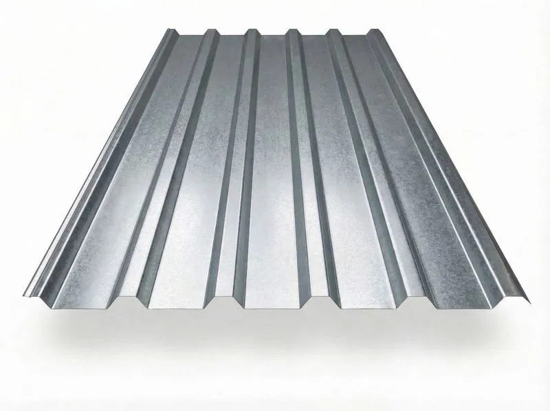 Trapezblech TP35 in Aluzink, freigestelltes Produktfoto mit gleichmäßig profilierten Trapezwellen und typisch metallisch-silberner Oberfläche mit leichter Spiegelungsstruktur, perspektivische Draufsicht auf weißem Hintergrund