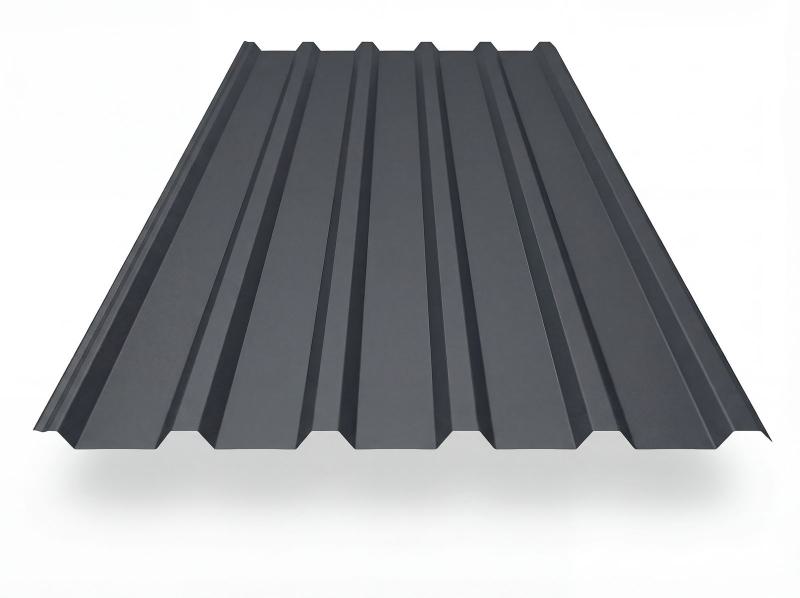 Trapezblech TP35 in Anthrazit (RAL 7016), freigestelltes Produktfoto mit gleichmäßig profilierten Trapezwellen, perspektivische Draufsicht auf weißem Hintergrund