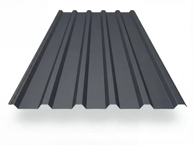 Trapezblech TP35 in Anthrazit (RAL 7016), freigestelltes Produktfoto mit gleichmäßig profilierten Trapezwellen, perspektivische Draufsicht auf weißem Hintergrund