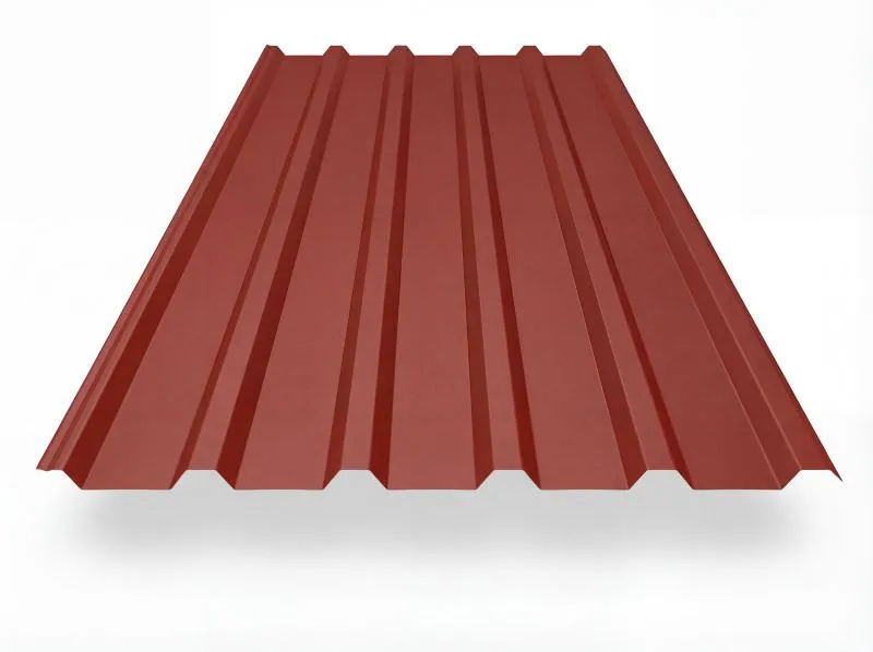 Trapezblech TP35 in Ziegelrot (RAL 8004), freigestelltes Produktfoto mit gleichmäßig profilierten Trapezwellen, perspektivische Draufsicht auf weißem Hintergrund