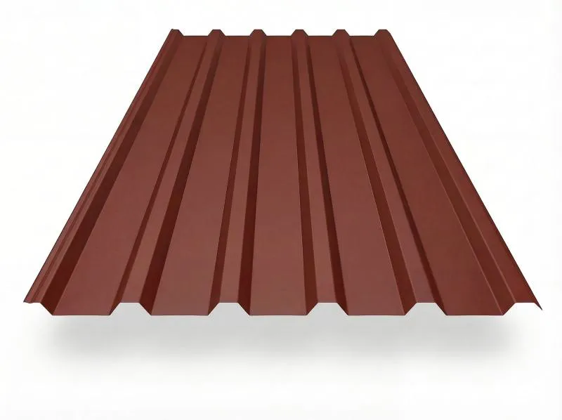 Trapezblech TP35 in Rotbraun (RAL 8012), freigestelltes Produktfoto mit gleichmäßig profilierten Trapezwellen, perspektivische Draufsicht auf weißem Hintergrund