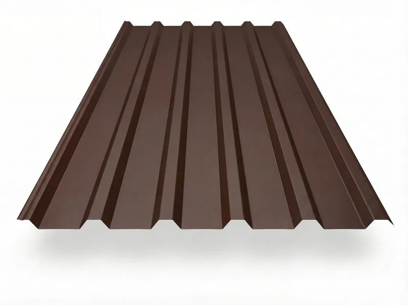 Trapezblech TP35 in Schokoladenbraun (RAL 8017), freigestelltes Produktfoto mit gleichmäßig profilierten Trapezwellen, perspektivische Draufsicht auf weißem Hintergrund