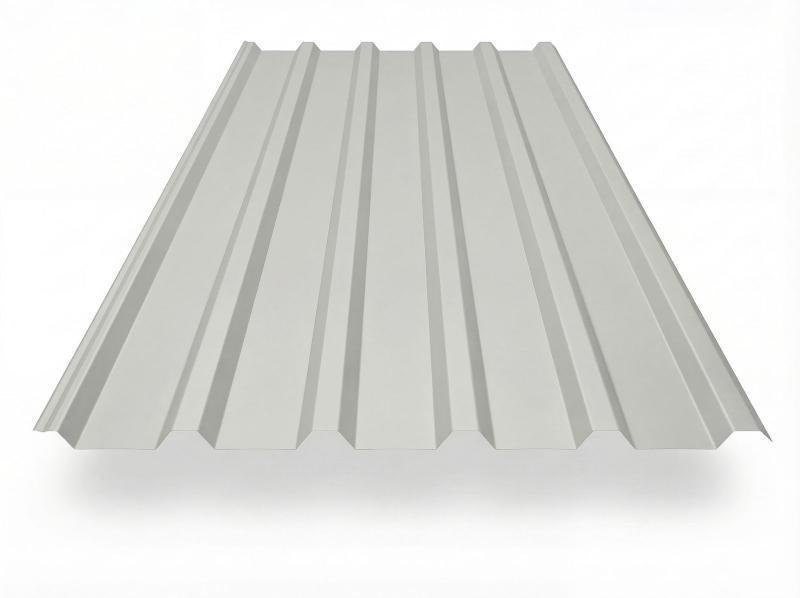 Trapezblech TP35 in Grauweiß (RAL 9002), freigestelltes Produktfoto mit gleichmäßig profilierten Trapezwellen, perspektivische Draufsicht auf weißem Hintergrund