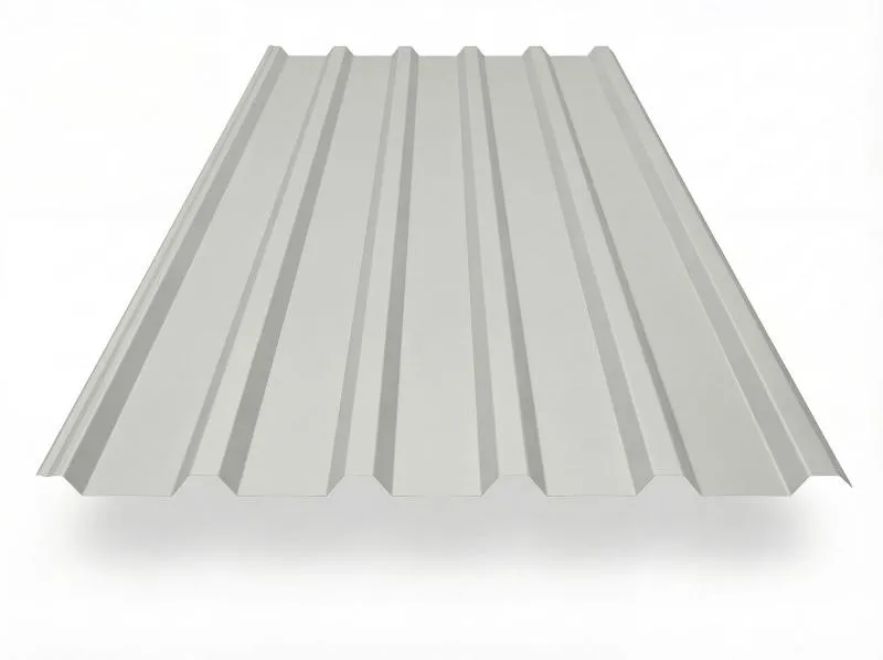 Trapezblech TP35 in Grauweiß (RAL 9002), freigestelltes Produktfoto mit gleichmäßig profilierten Trapezwellen, perspektivische Draufsicht auf weißem Hintergrund