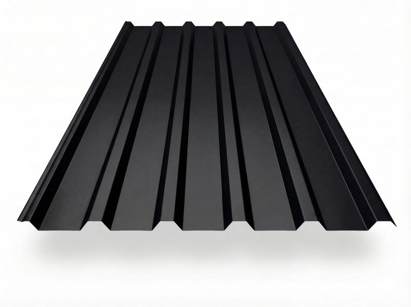 Trapezblech TP35 in Tiefschwarz (RAL 9005), freigestelltes Produktfoto mit gleichmäßig profilierten Trapezwellen, perspektivische Draufsicht auf weißem Hintergrund