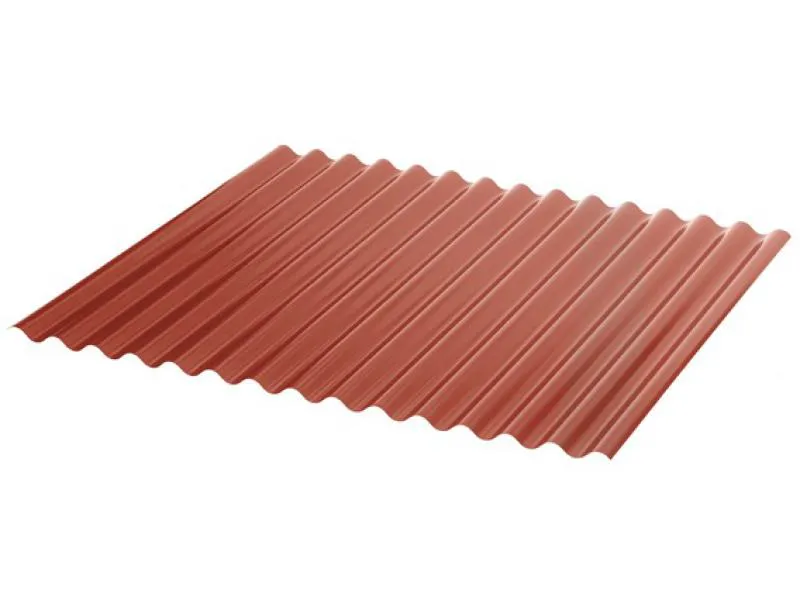 Detailansicht schräg von rechts auf ein Wellblech 76/18 in Ziegelrot RAL8004. Robustes Stahlblech für langlebige Dachflächen.