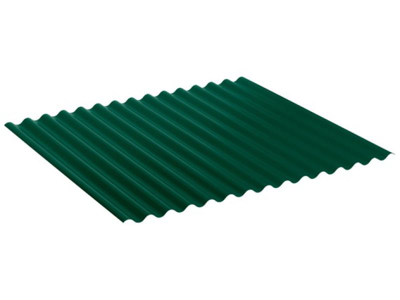 Schräg links Ansicht eines Wellblechs S18 (76/18) in Moosgrün RAL6005. Ideal geeignet als Dachblech und Wandblech für langlebige Konstruktionen aus Stahl.
