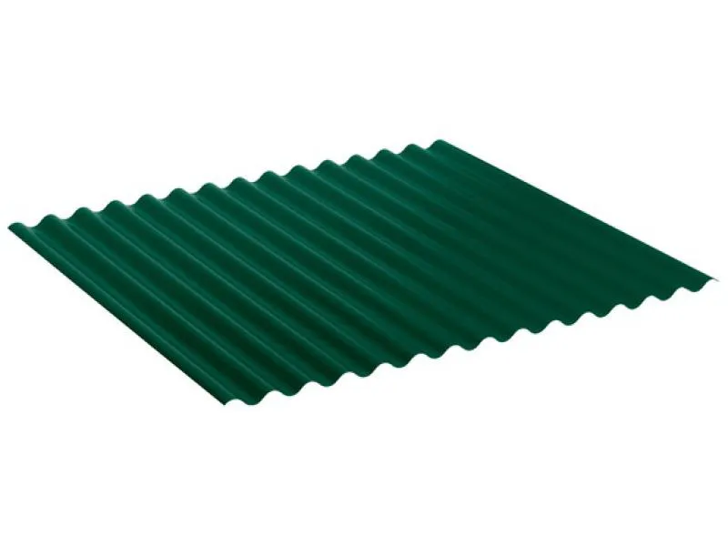 Schräg links Ansicht eines Wellblechs S18 (76/18) in Moosgrün RAL6005. Ideal geeignet als Dachblech und Wandblech für langlebige Konstruktionen aus Stahl.