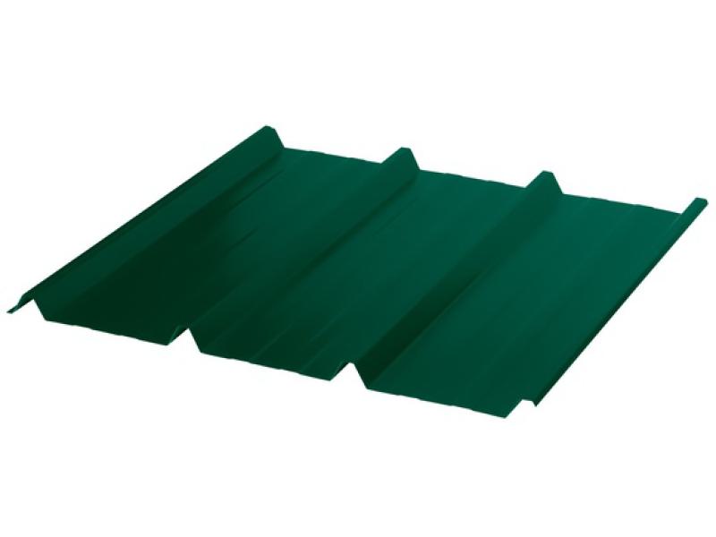 Detailansicht schräg von rechts auf das Trapezblech TP45 in Moosgrün. Langlebiges Stahlblech für vielseitige Anwendungen.