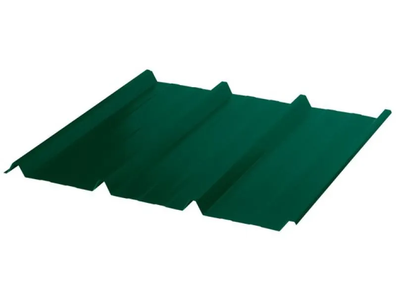 Detailansicht schräg von rechts auf das Trapezblech TP45 in Moosgrün. Langlebiges Stahlblech für vielseitige Anwendungen.