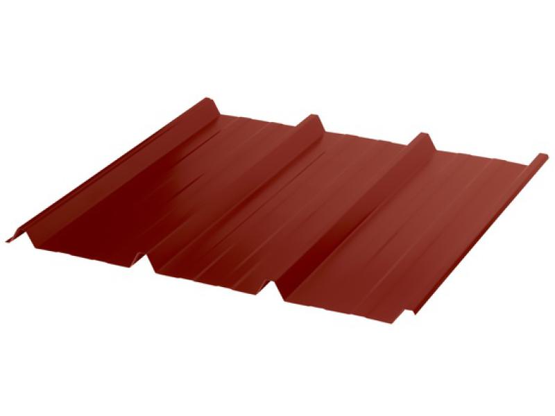 Detailansicht schräg von rechts auf das Trapezblech TP45 in Rotbraun. Ideal geeignet für langlebige Dachflächen aus Stahl.