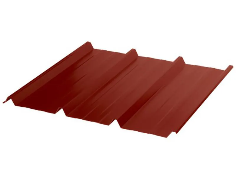 Detailansicht schräg von rechts auf das Trapezblech TP45 in Rotbraun. Ideal geeignet für langlebige Dachflächen aus Stahl.