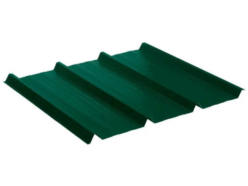 Schräg links Ansicht eines Trapezblechs im Profil 45/333 in Moosgrün (RAL6005). Ideal für stabile Dachlösungen.