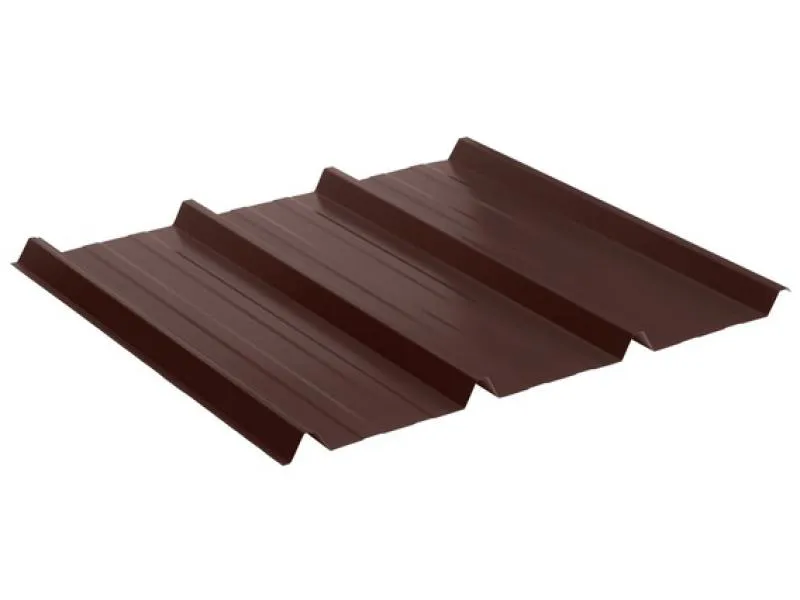 Schräg links Ansicht eines Trapezblechs im Profil 45/333 in Schokoladenbraun (RAL8017). Ideal für langlebige Dachverkleidungen aus Stahl.
