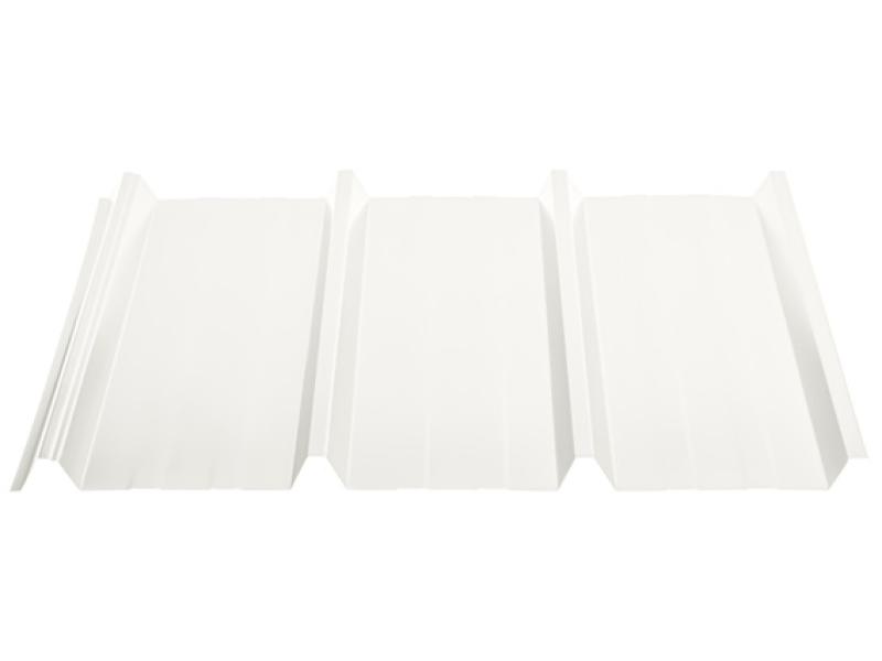Helles Trapezblech im Profil 45/333 in Grauweiß (RAL9002). Ideal für moderne Industrie- und Hallenverkleidungen.